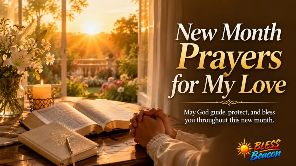 New Month Prayers for My Love with an open Bible, folded hands, flowers, and sunrise.