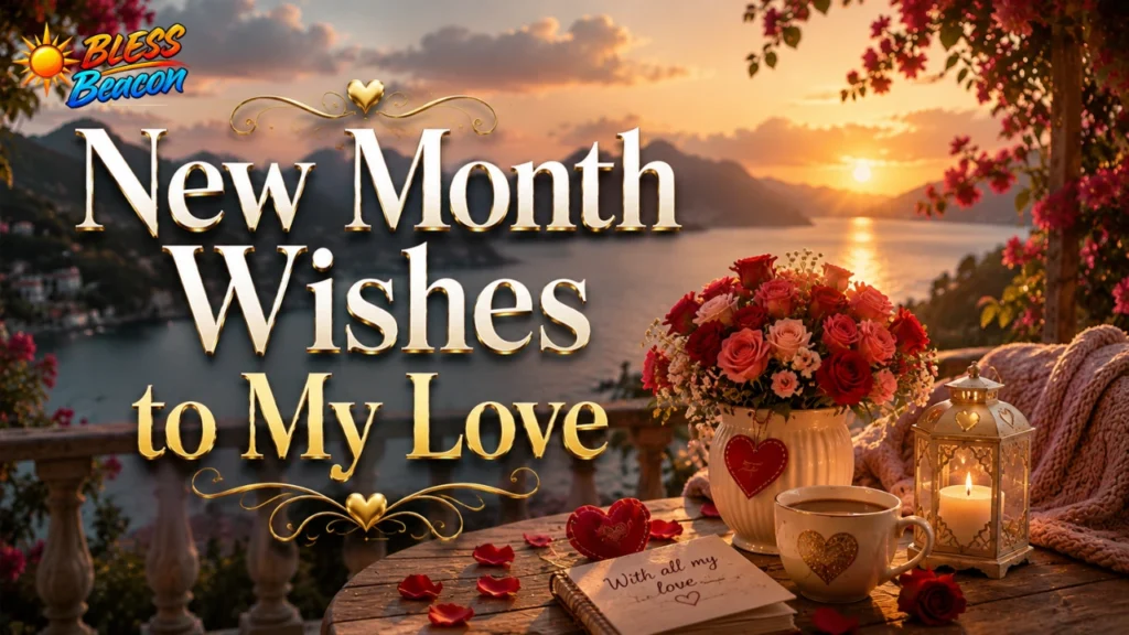 New Month Wishes to My Love image with roses, a golden lantern, and a romantic mountain lake at sunset.