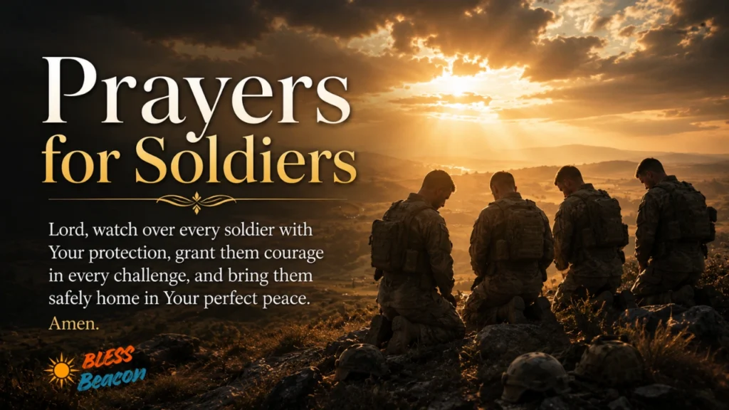 Prayers for Soldiers image featuring soldiers in silent prayer at sunrise before their mission.