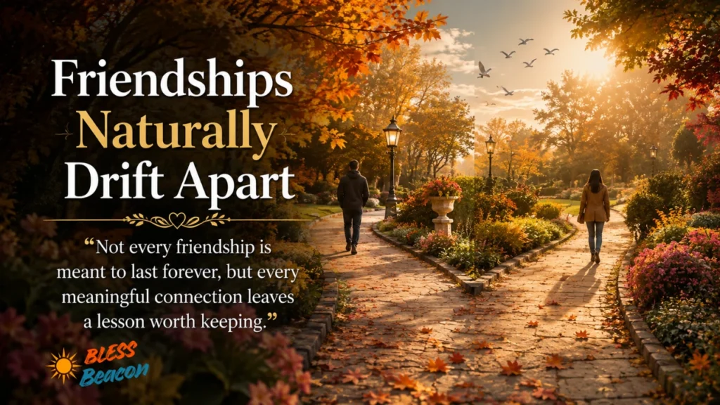 Quotes for when friendships naturally drift apart image showing two friends taking separate paths in an autumn garden.