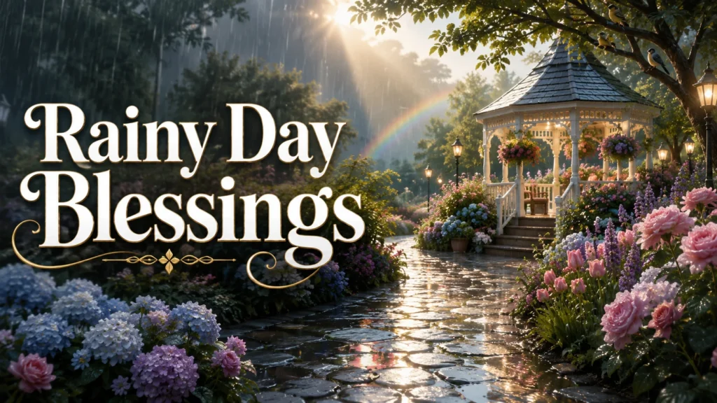 Rainy Day Blessings featured image with a peaceful garden, gentle rain, blooming flowers, and a charming gazebo.