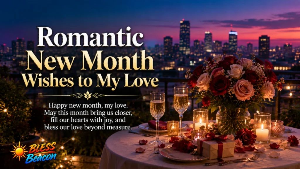 Romantic New Month Wishes to My Love with roses, candles, and an elegant dinner setting.