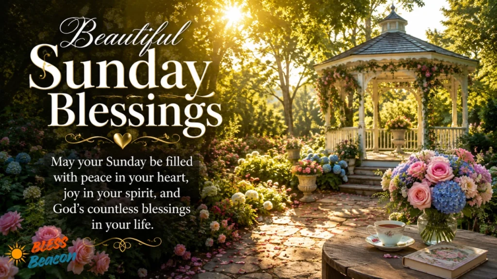 Beautiful Sunday Blessings image with a peaceful garden, gazebo, and warm sunlight.