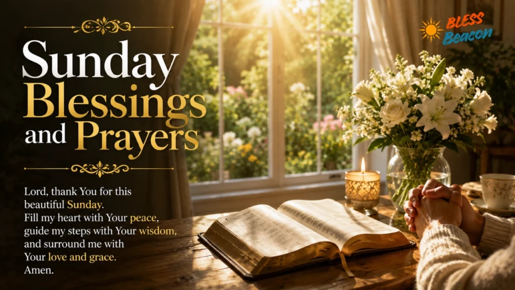 Sunday Blessings and Prayers image with an open Bible and folded hands in prayer