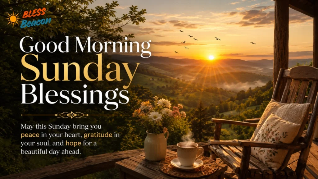 Good Morning Sunday Blessings image with a sunrise, green hills, and a cozy porch.
