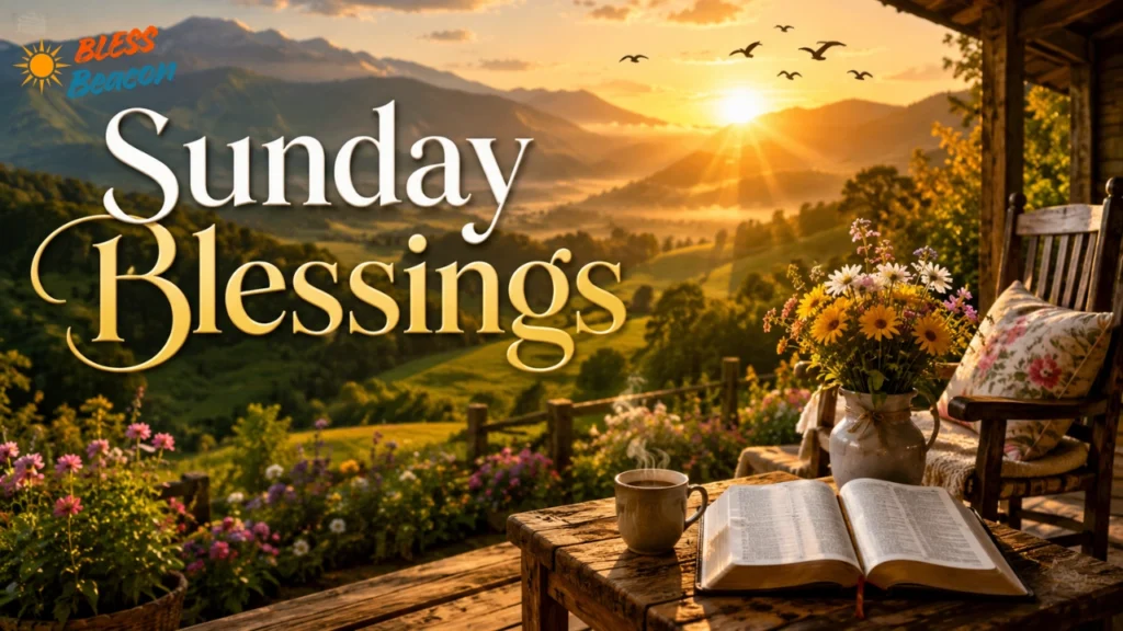 Sunday Blessings featured image with a peaceful porch, open Bible, flowers, and golden sunrise.