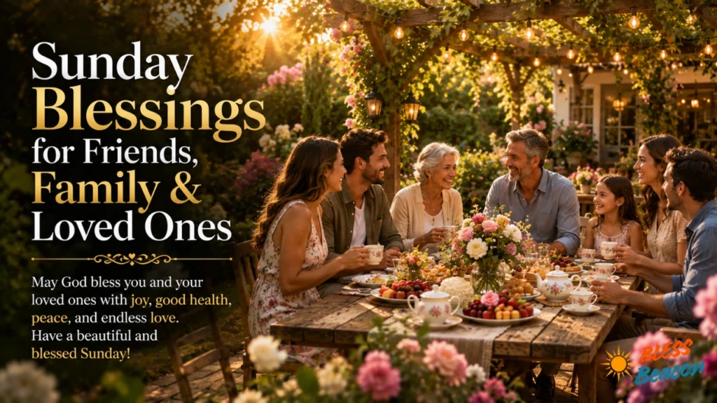 Sunday Blessings image showing family and friends gathered in a garden.