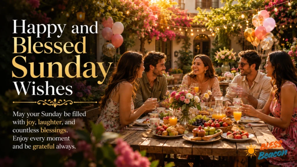 Happy and Blessed Sunday Wishes image showing friends and family enjoying a Sunday gathering.
