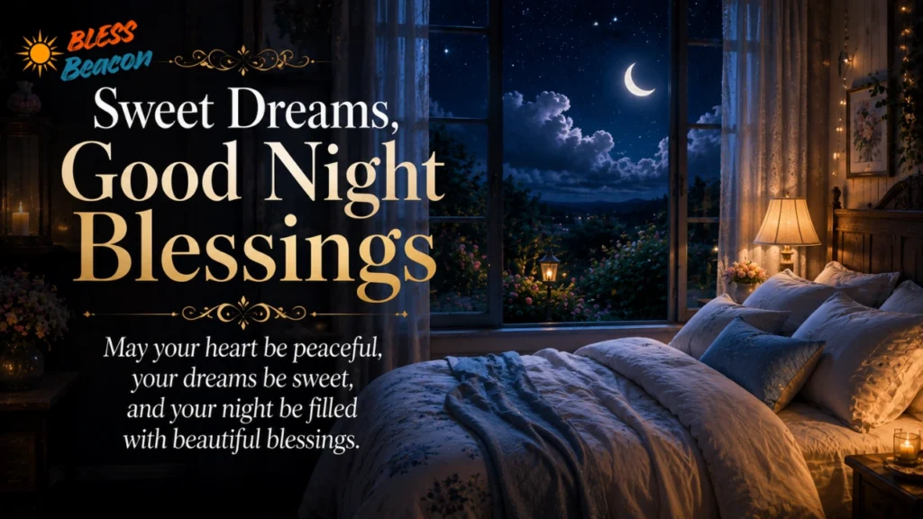 Sweet Dreams Good Night Blessings image with a cozy bedroom, crescent moon, and starry night sky.