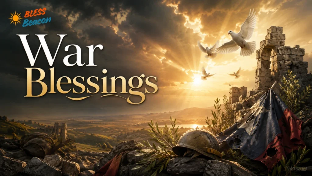 War Blessings featured image with a peaceful sunrise, white doves, and symbols of hope and peace.