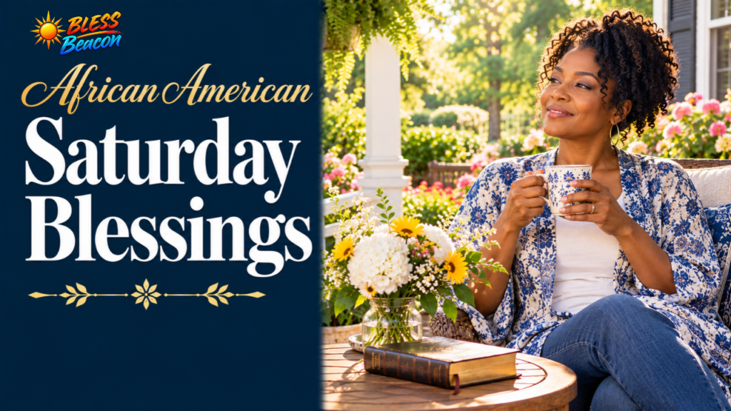 African American Saturday blessings featuring a woman enjoying a peaceful Saturday morning with coffee on her front porch.