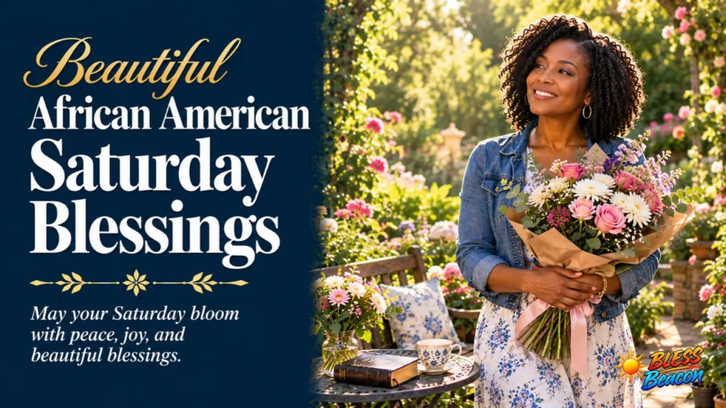 Beautiful African American Saturday blessings featuring a woman enjoying a peaceful afternoon in a blooming garden