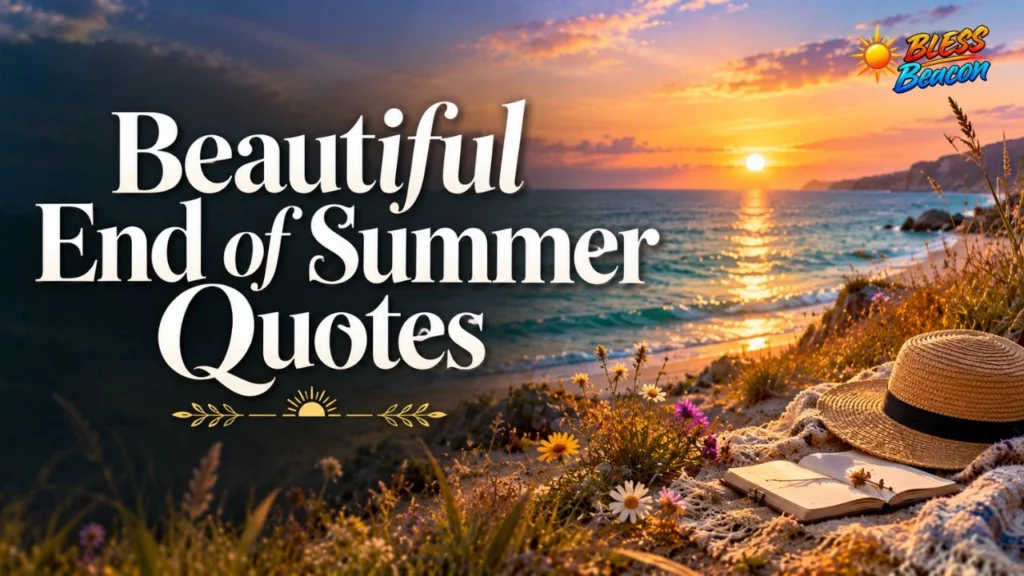 Beautiful end of summer quotes with a golden beach, wildflowers, and sunset