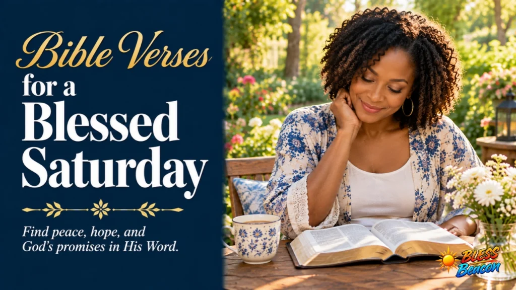 Bible verses for a blessed Saturday featuring an African American woman reading the Bible in a peaceful garden.
