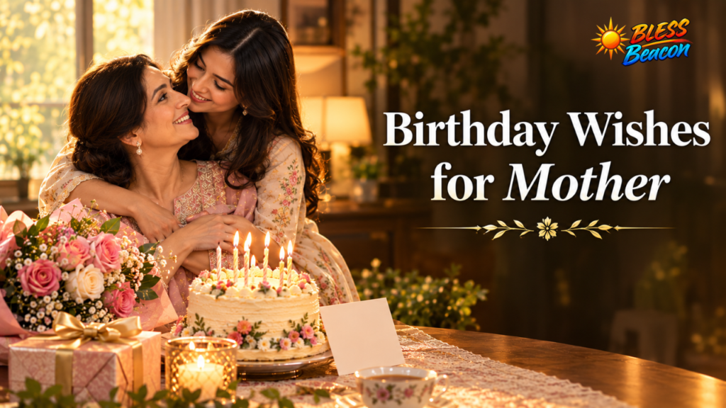 Birthday wishes for mother with a birthday cake, roses, and a loving mother-daughter moment