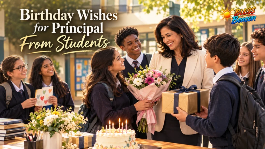 Birthday wishes for a principal from students celebrating with a gift, flowers, and birthday cake