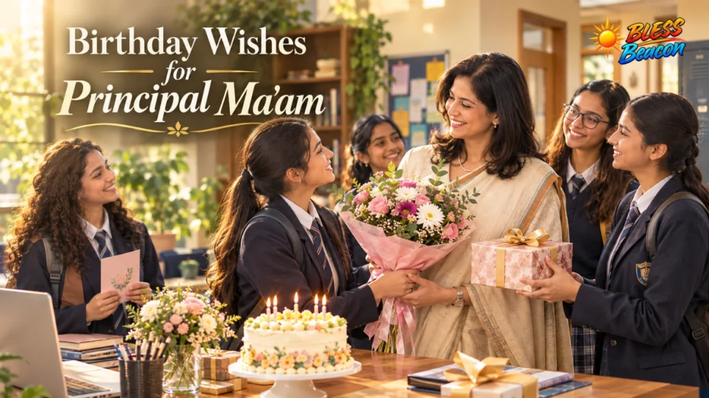 Birthday wishes for principal ma’am with students presenting flowers and a birthday gift