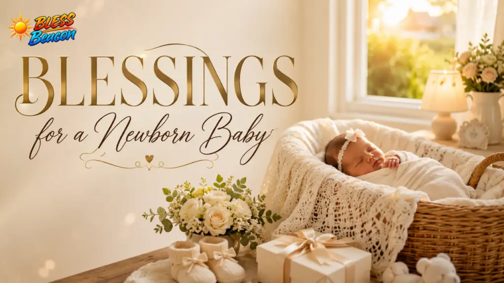 Blessings for a newborn baby with a sleeping baby in a cream bassinet surrounded by flowers and baby keepsakes.