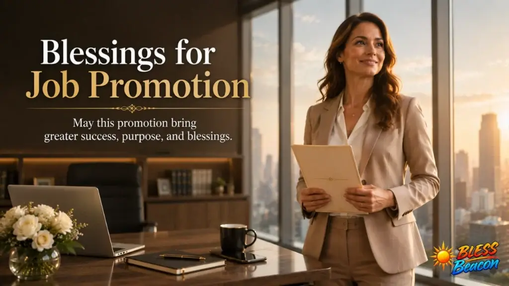 Blessings for a job promotion with a professional celebrating career advancement in a modern office.