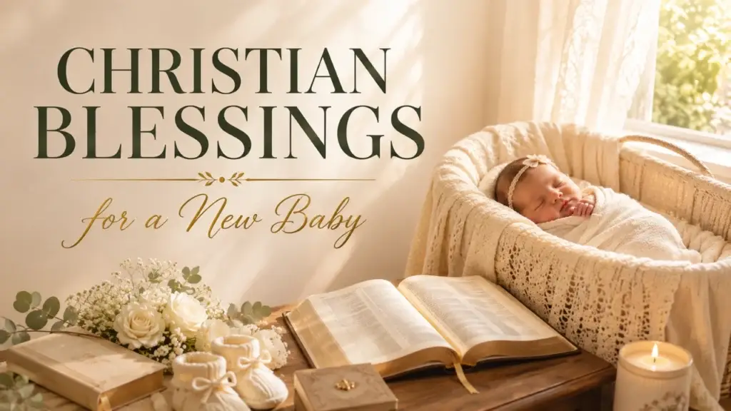 Christian blessings for a new baby with a sleeping newborn beside an open Bible, flowers, and baby booties.