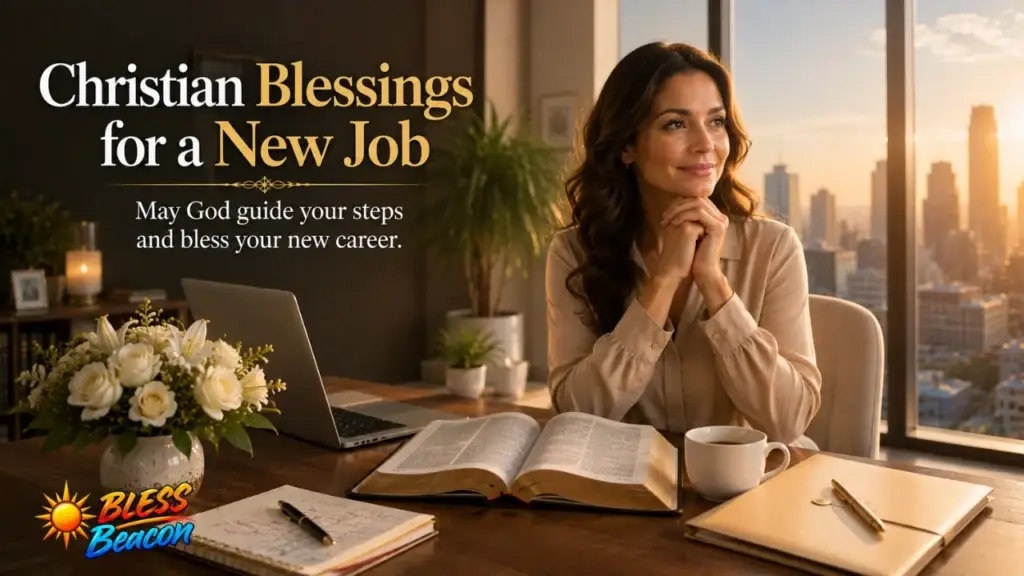 Christian blessings for a new job with an open Bible, prayer journal, laptop, and professional workspace.