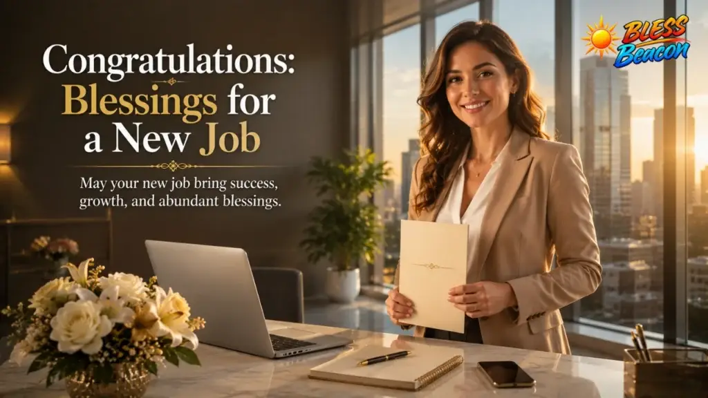 Congratulations blessings for a new job with a professional celebrating a new career opportunity.