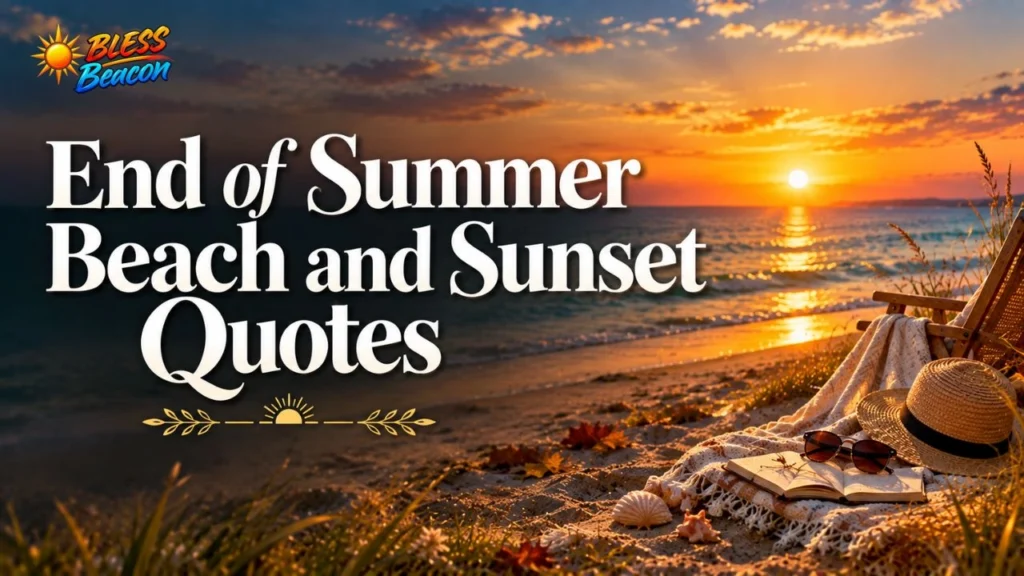 End of summer beach and sunset quotes with ocean waves and golden sunset