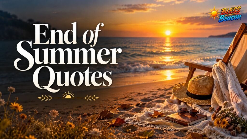 End of summer quotes with a peaceful beach, sunset, and late-summer scenery