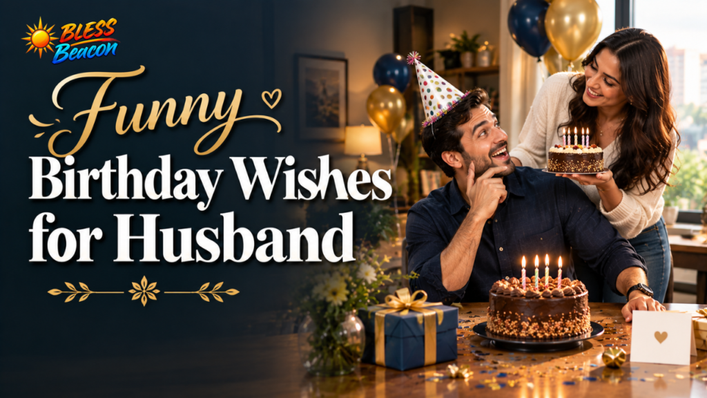 Funny birthday wishes for husband celebrating his birthday with his wife, cake, and delicious food.