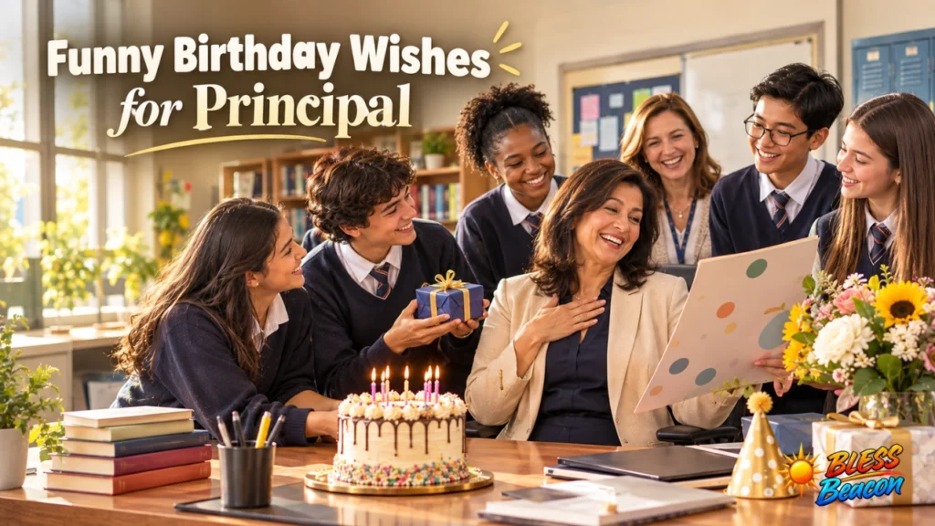 Funny birthday wishes for a principal with students sharing a playful school birthday celebration