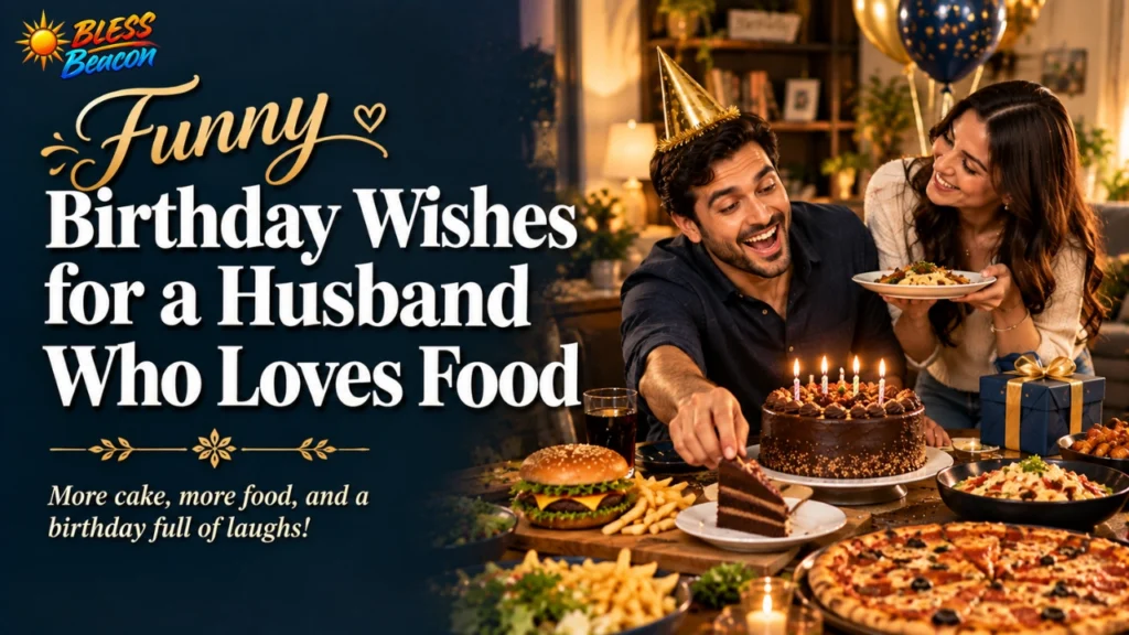 Funny birthday wishes for a husband who loves food, celebrating with his wife, cake, burgers, and pizza.