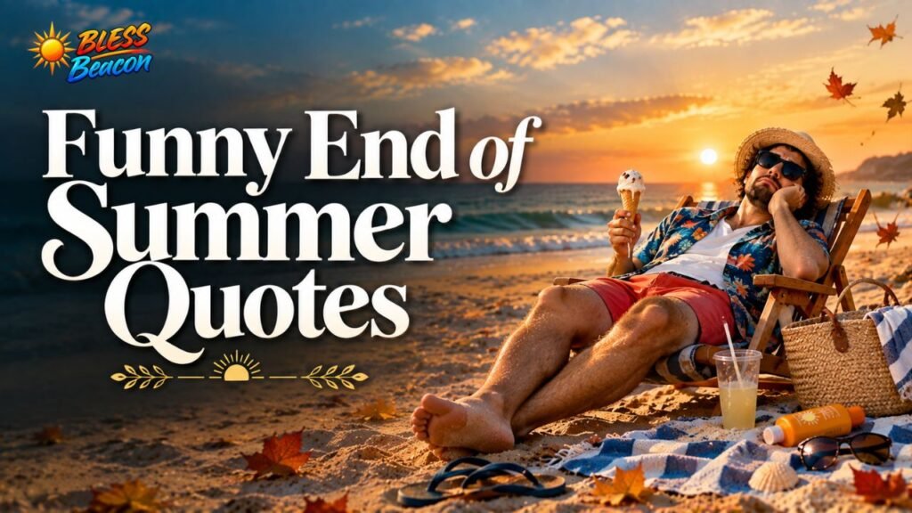 Funny end of summer quotes with a beach chair, sunglasses, and autumn leaves