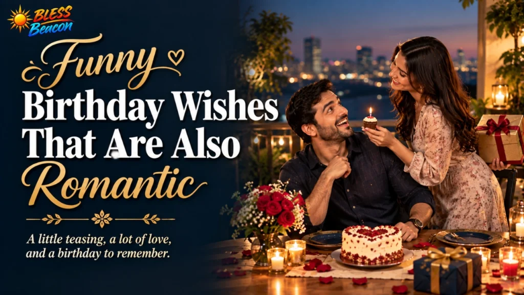 Funny romantic birthday wishes for husband during a candlelit balcony celebration with his wife.