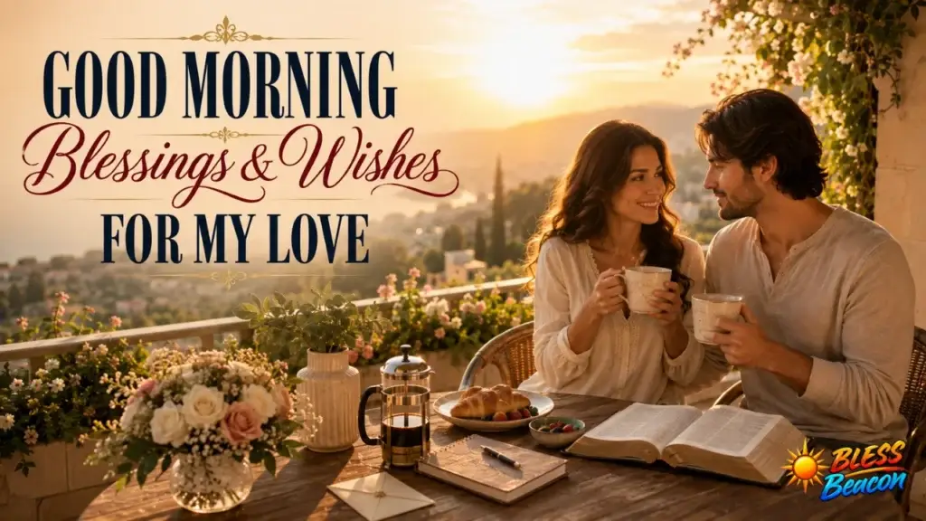 Good morning blessings and wishes for my love with a couple sharing a peaceful sunrise together.