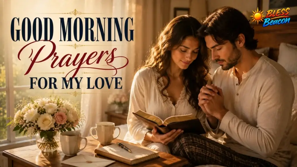 Good morning prayers for my love with an adult couple praying together beside an open Bible.