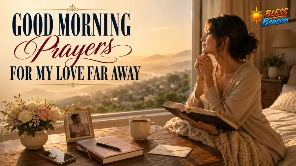 Good morning prayers for my love far away with a woman praying beside a Bible and partner’s photograph.