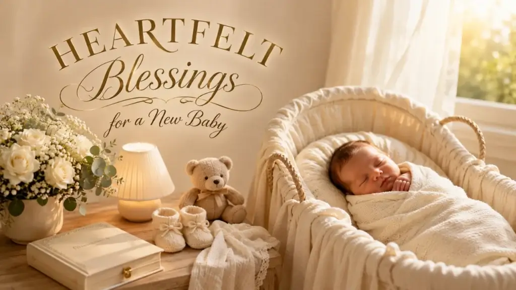 Heartfelt blessings for a new baby with a sleeping newborn in a cream bassinet surrounded by flowers and baby keepsakes.