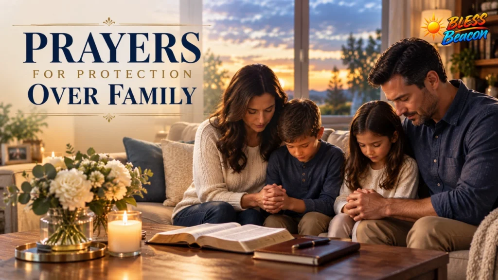 Prayers for protection over family with parents and children praying together at home.