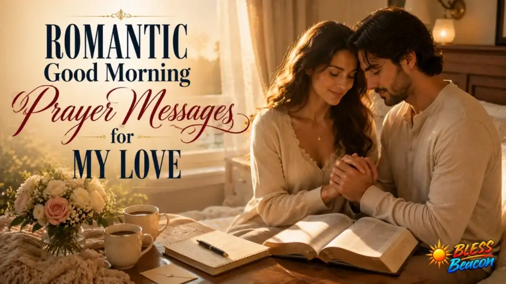 Romantic good morning prayer messages for my love with a couple praying together beside a Bible.