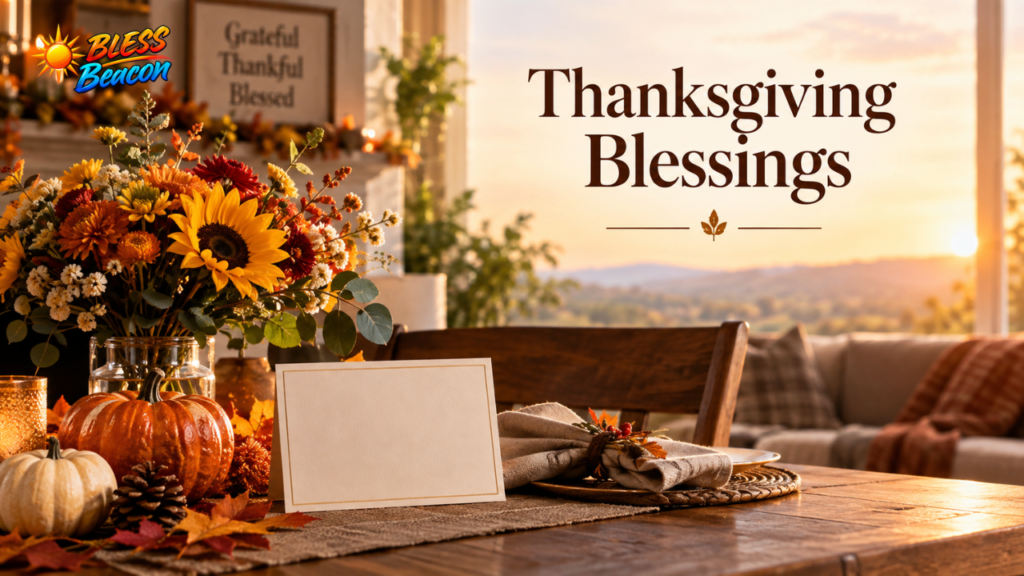 Thanksgiving blessings with autumn flowers, pumpkins, and a cozy fall table