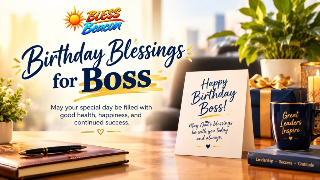 Birthday blessings for boss with a greeting card, gift, candle, and inspirational coffee mug
