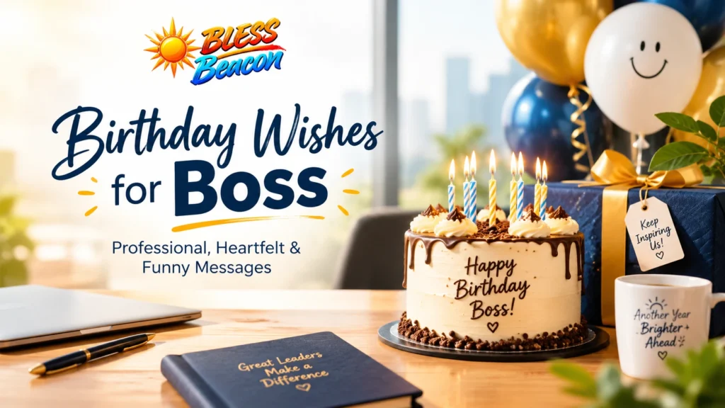 Birthday wishes for boss with a birthday cake, gift, and office decorations