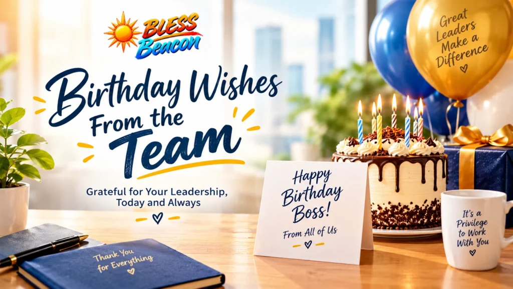 Birthday wishes for a boss from the team with a birthday cake, balloons, and greeting card