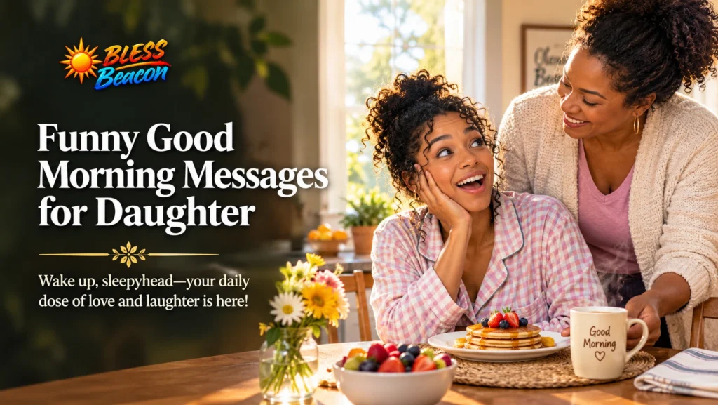 Adult daughter smiling sleepily at breakfast while her parent playfully greets her.