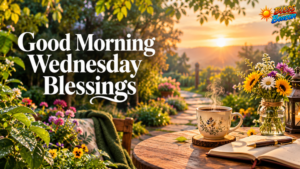 Good morning Wednesday blessings with peaceful sunrise and garden