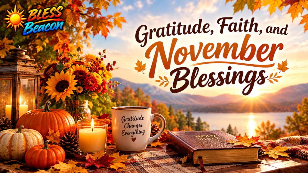 November blessings scene with pumpkins, autumn flowers, candles, a gratitude mug, and a Bible