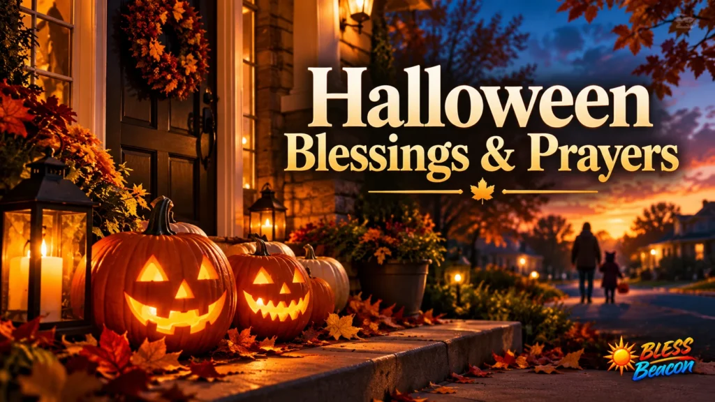 Halloween blessings and prayers with glowing pumpkins on an autumn porch at sunset