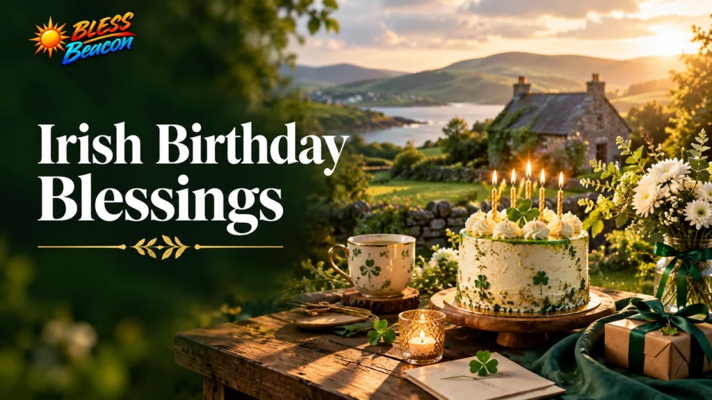 Irish birthday blessings with a birthday cake, golden candles, and lush green Irish countryside.