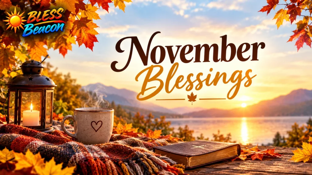 November blessings with autumn leaves, a glowing candle, a warm mug, and a Bible beside a sunset lake