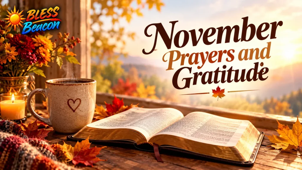 Open Bible, candle, and warm mug surrounded by autumn leaves for November prayers and gratitude